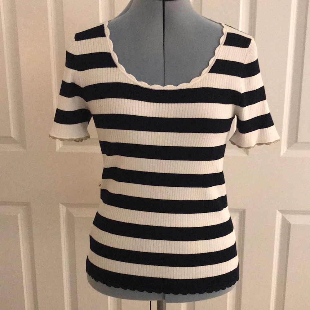 New Ann Taylor Loft Navy & Ivory Striped Knit Top Tee Metallic Gold Accents …